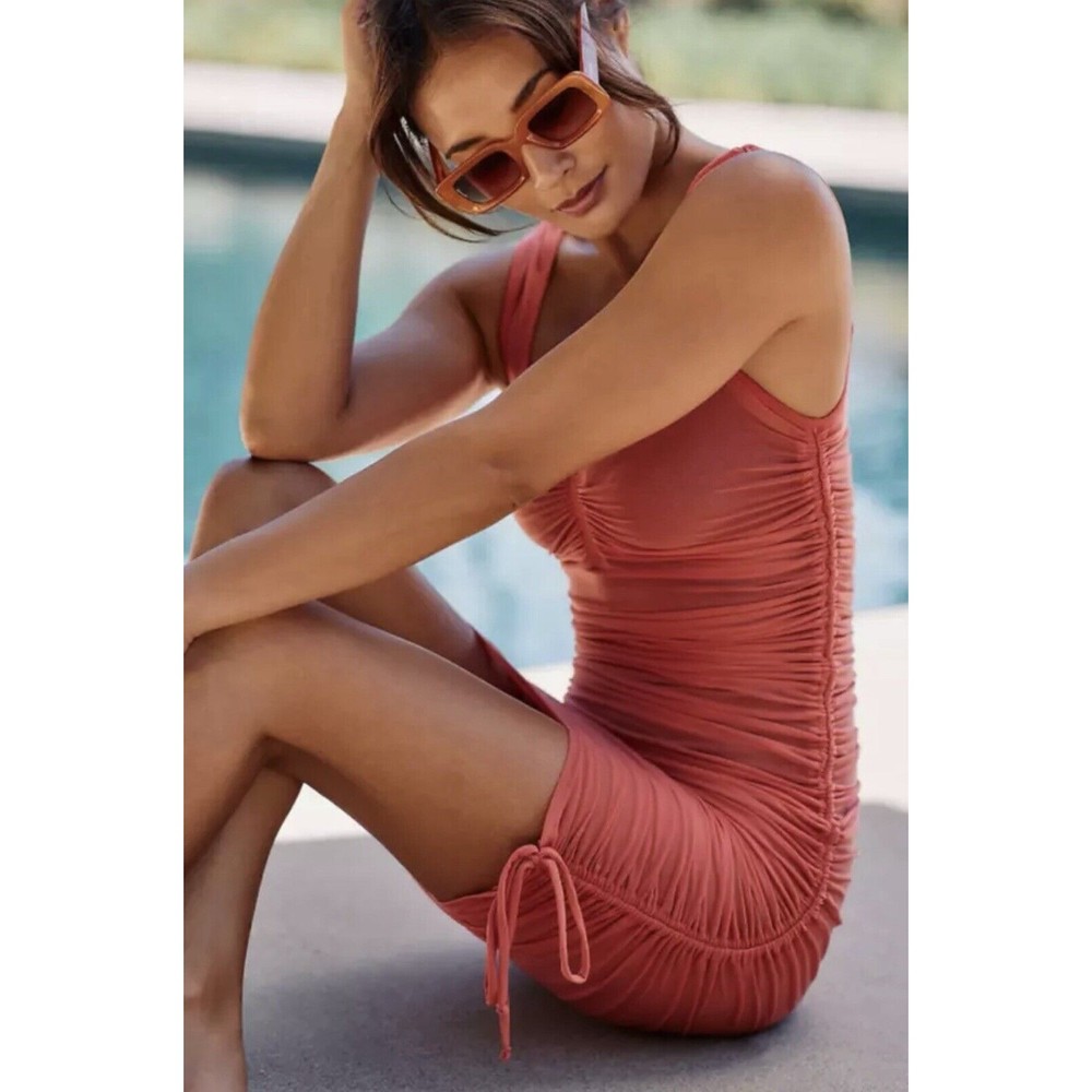 Anthropologie Sheer Mesh Cover Up Dress Womens Rose Knit Ruched Tie Size Small